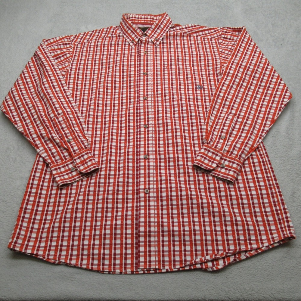 Ariat Shirt‎ Mens Large Orange White Plaid Textured Seersucker? Pocket Midweight